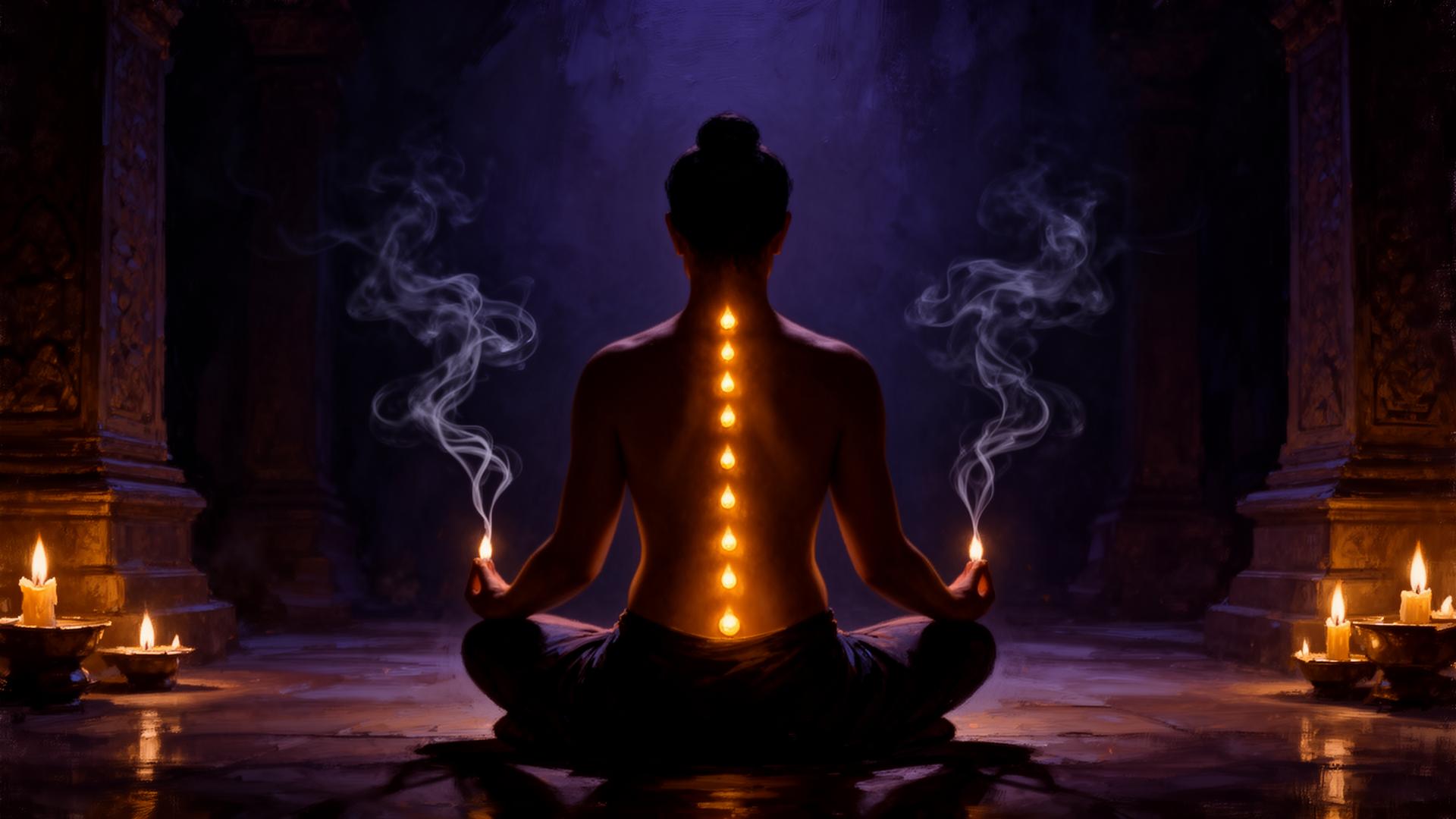 Meditator with thirty-three points of light along the spine