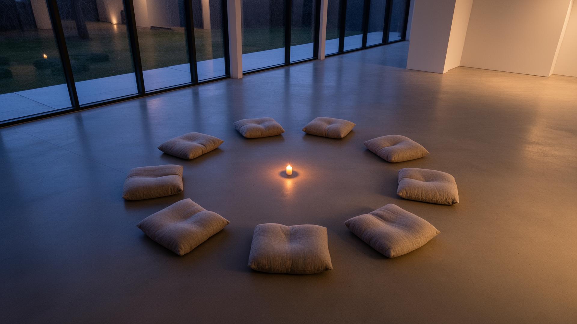 A circle of seats around a single oil lamp